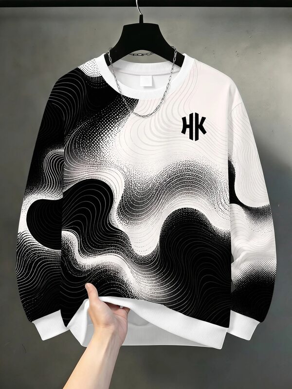 Sweat-shirt à col rond et manches longues décontracté pour garçon préadolescent, adapté à l'automne/hiver, imprimé classique cool et élégant avec motif de taille, imprimé de motif géométrique courbe élégant, adapté à la rentrée scolaire