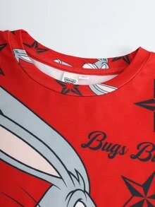 LOONEY TUNES X SHEIN 青少年男孩卡通印花居家服套裝 - 紅色 - 查看 3