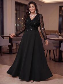 Auveirra Plus Size Women Mesh Patchwork V-Neck Casual Party Dress - Black - View 1