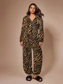 Lazeform American Retro Animal Print Plush Oversized Slimming Long Sleeve Jumpsuit Loungewear - Multicolor - View 3