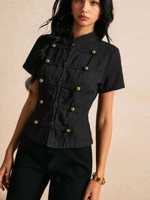 Poéselle Women's Fashion Double-Breasted Short Sleeve Denim Top - Black - View 3