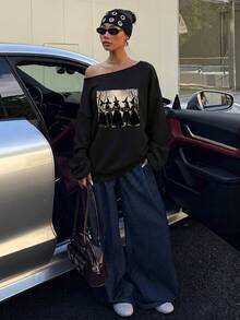 Veykashi 萬聖節女巫圖案女款休閒黑色露肩寬鬆長袖衛衣，秋季新品 - 黑色 - 查看 5