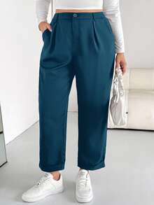 SHEIN Essnce Plus Size Casual Versatile Solid Color Pants - Blue - View 3