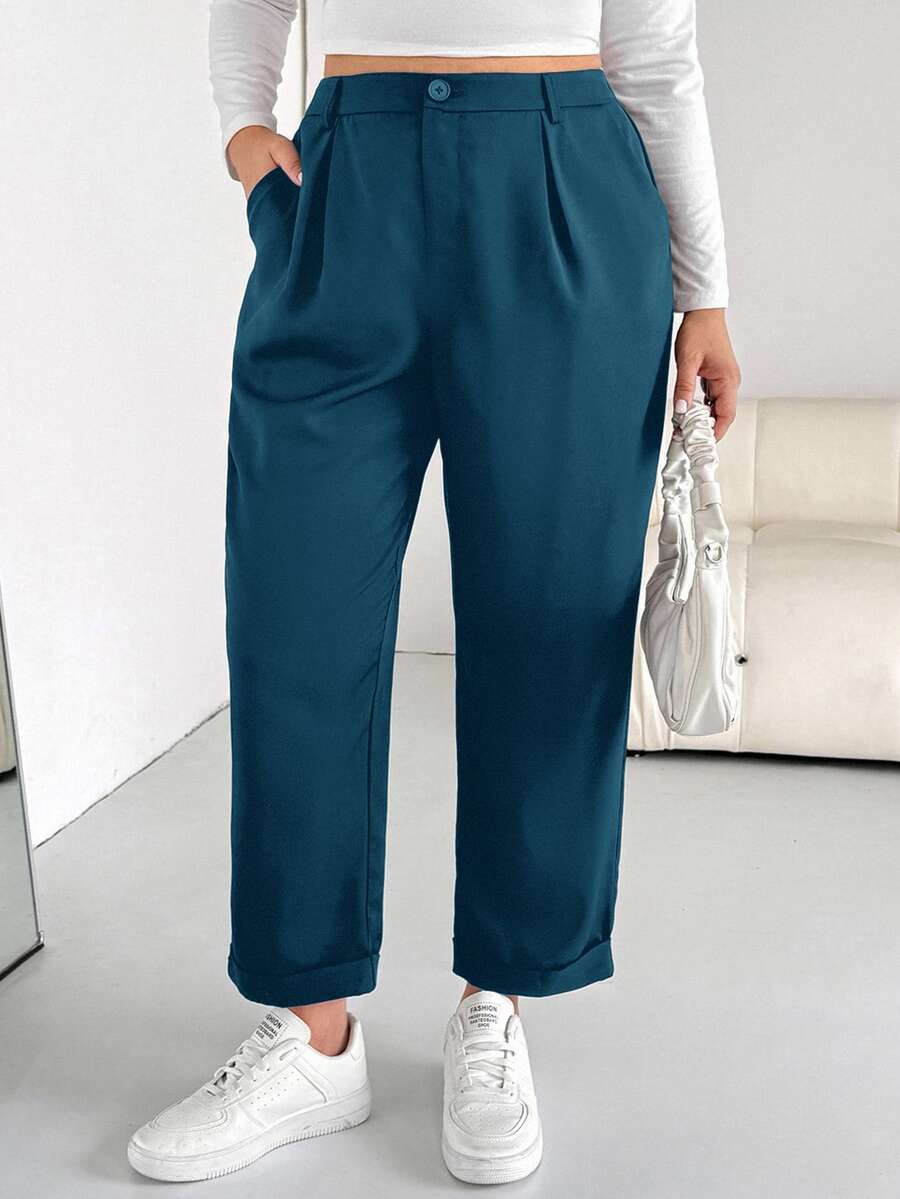 SHEIN Essnce Plus Size Casual Elegant Versatile Solid Color Pants Office Brunch Formal Blue Summer - Blue - View 1