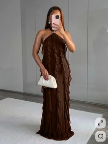Lumalex Gaun Musim Panas Wanita Elegan dengan Hiasan Ruffle Berlapis-lapis yang Modis dan Seksi - Coklat - View 4