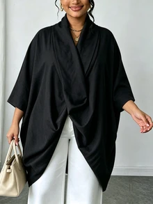 Lacomfia Cotton Linen Woven Loose Asymmetrical Design Casual Minimalist Elegant Plus Size Brown Shirt - Black - View 4