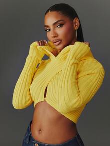 NYA SZN Hoodie Rajut Bergaris Lengan Panjang, Sweater Pendek, Kasual Sehari-hari, Cocok untuk Jalan-jalan, Sederhana, Elegan, Acara Khusus, Sekolah, Imut, Modis, Seksi, Kuning, Musim Gugur, Musim Dingin - Kuning - View 6