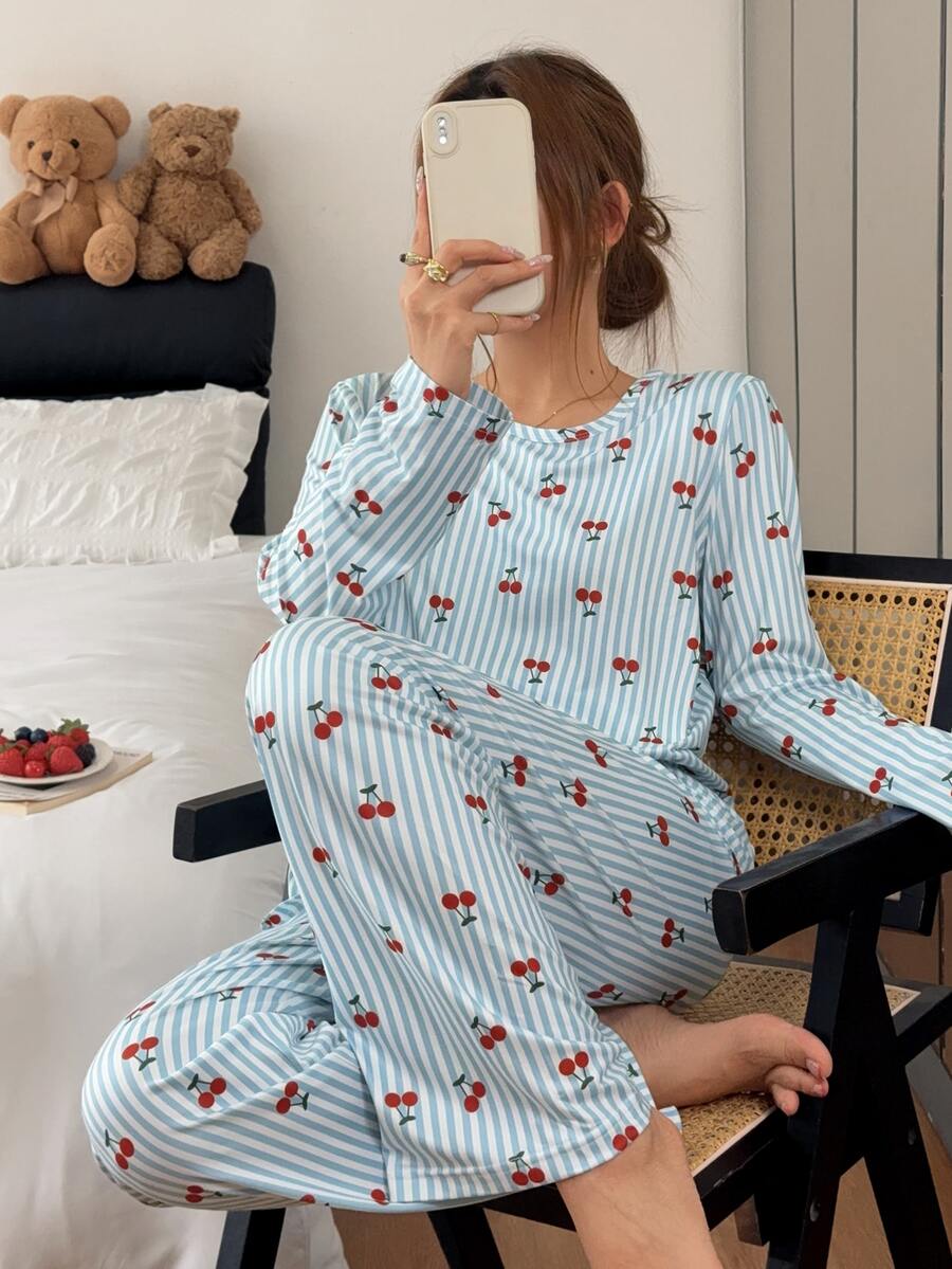 Napfluff 條紋櫻桃印花女款睡衣套裝 - 彩色 - 查看 1