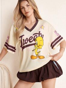 LOONEY TUNES X SHEIN Women's Cartoon Striped Print Short Sleeve T-Shirt - Apricot - View 1