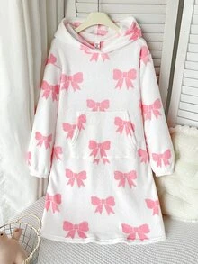 SHEIN 少女秋冬款寬鬆保暖內裡加厚雙面絨毛可愛甜美蝴蝶結印花連帽袋鼠口袋長袖睡袍家居服睡裙，奶油白粉色 - 淺粉色 - 查看 1