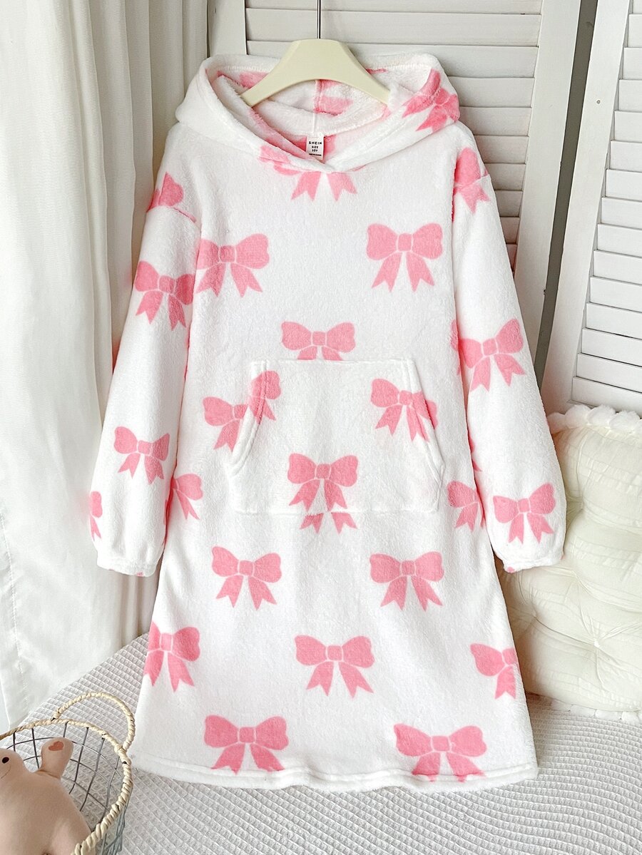 SHEIN 少女秋冬款寬鬆保暖內裡加厚雙面絨毛可愛甜美蝴蝶結印花連帽袋鼠口袋長袖睡袍家居服睡裙,奶油白粉色 - 淺粉色 - 查看 1