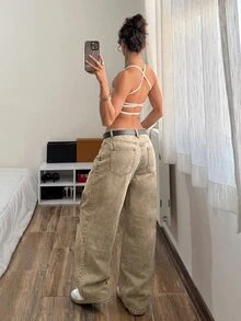 StreetHx Y2K Streetwear 2000s Grunge Vintage Washed Distressed Denim Wide Leg Pants NY Letter Patch Graphic Print Casual Going Out Brown Summer - Khaki - View 5