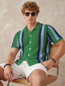 Manfinity Homme European American Blogger Style Fashion Design Casual Vacation Hollow Knit Pullover Top For Men, Spring/Summer Green Striped Colorblock Knit Top - Green - View 1