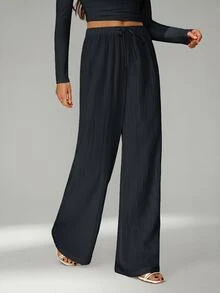 SHEIN Tall Loose Drawstring Waist Trousers In Textured Crinkle Fabric - Dark Grey - View 4