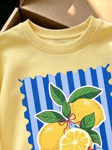 (1 Set) Autumn/Winter Girls Casual Fresh Lemon Blue Gradient Vertical Striped Letter Print Crew Neck Sweatshirt & Wide Leg Pants Set - Multicolor - View 4