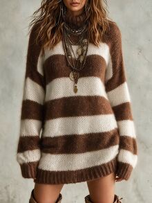 SHEIN Wide Stripe Turtleneck Sweater Dress Drop Shoulder Loose Short Knit Dress - Multicolor - View 8