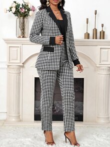 SHEIN Lady Women's Houndstooth Long Sleeve Jacket And Pants Casual Commute Suit Set - Black and White - View 1