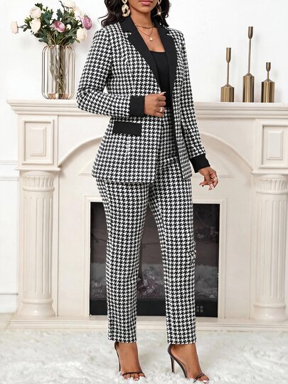 SHEIN Lady Women's Houndstooth Long Sleeve Jacket And Pants Casual Commute Suit Set