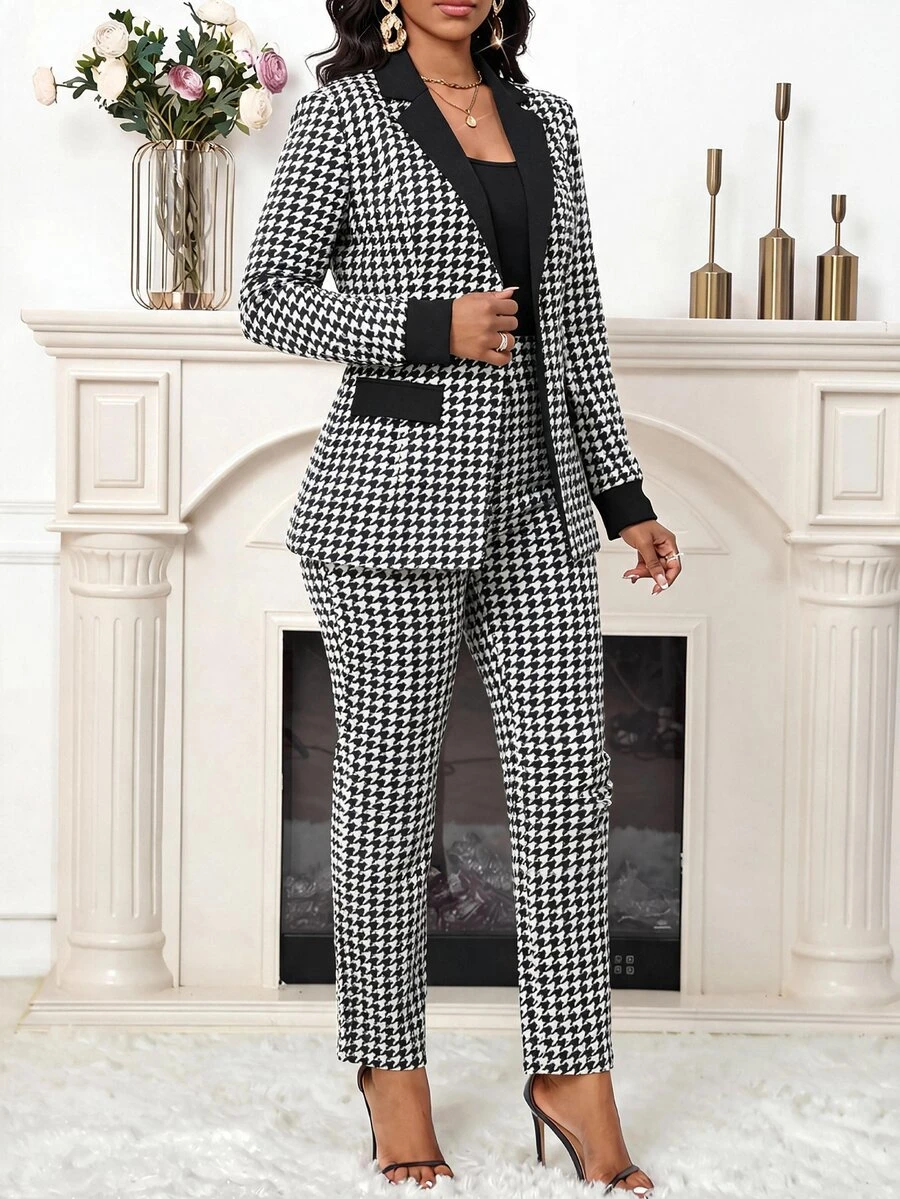 SHEIN Lady Women's Houndstooth Long Sleeve Jacket And Pants Casual Commute Suit Set - Black and White - View 1