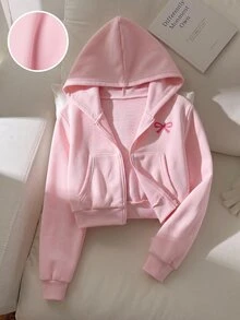 SHEIN 少女寬鬆休閒極簡舒適日常街頭風連帽修身口袋前開襟拉鍊短版長袖運動外套 白色返校穿搭 - 粉色 - 查看 1