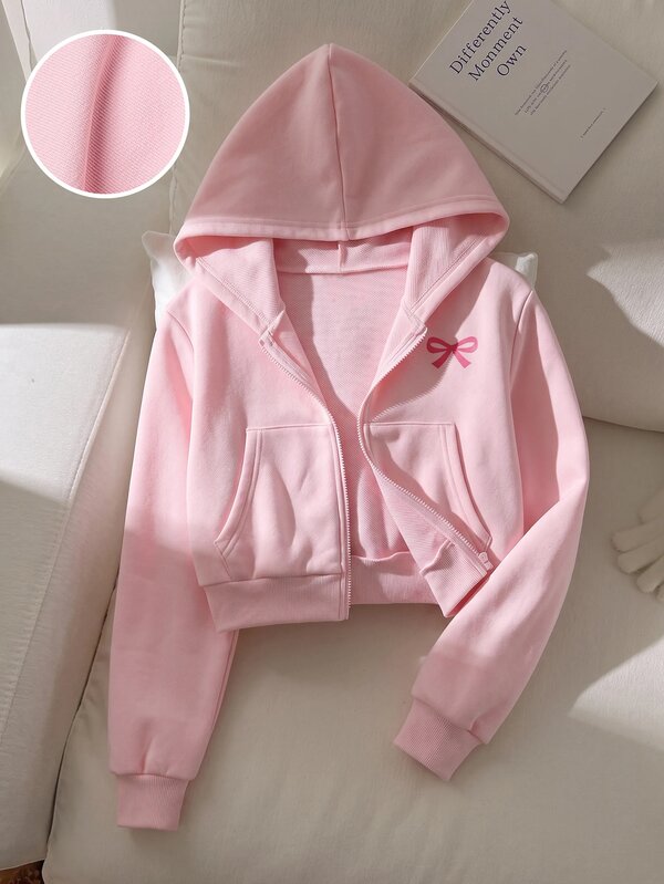 SHEIN Tween Girl Loose Casual Cute School Streetwear Hooded Fitted Pocket Zipper Front Long Sleeve Sweatshirt Jacket White Back To School Outfit Pink Autumn