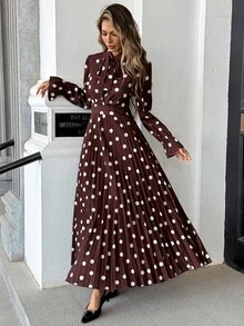 Pariaura Brown Polka Dot 4-Way Stretch Printed Neckline Ribbon Hem Pleated Waist Women's Long Dress - Brown - View 3