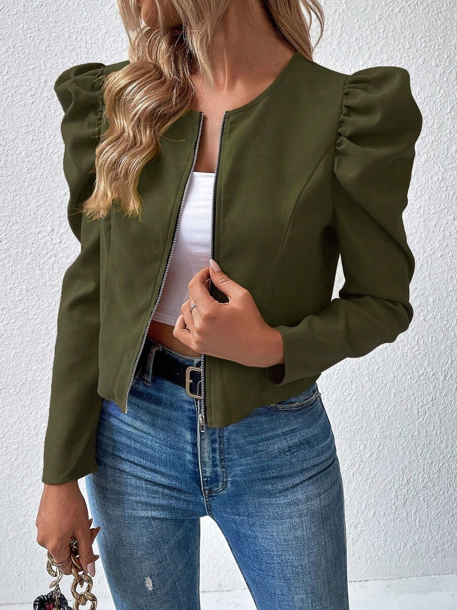 SHEIN Holidaya 秋季時尚花瓣袖短版夾克 - 軍綠色 - 查看 1