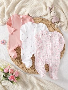 3 Pieces Newborn Footed Rompers, Cute Ribbed Plain Knit Mid-Stretch Comfortable Soft Floral Print Pattern, Best Gift For Newborns - Multicolor - View 3