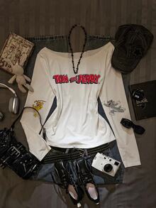 TOM & JERRY X SHEIN SHEIN EZwear 秋季新款女款不對稱肩寬鬆下擺字母印花長袖捲邊套頭T恤，適合外出、街頭風、機場造型，時尚開學季穿搭 - 白色 - 查看 9