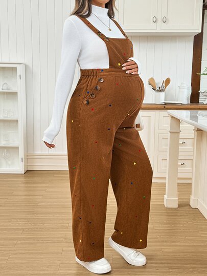 SHEIN 孕婦愛心刺繡圖案休閒日常吊帶褲