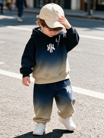 2pcs Kids NY Small Logo Print Fleece Sweatshirt Set, Deep Blue & Khaki Gradient Colorblock Casual Fashion Classic Print Fleece Hoodie And Sweatpants Set, Streetwear Sports Outdoor Casual, Korean Style, Suitable For Autumn/Winter