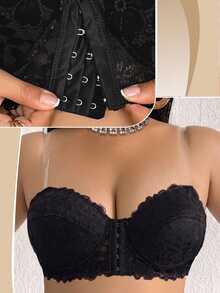 SHEIN 1pc Lace Front Closure Underwire Bandeau Bra Plus Size - Black - View 1