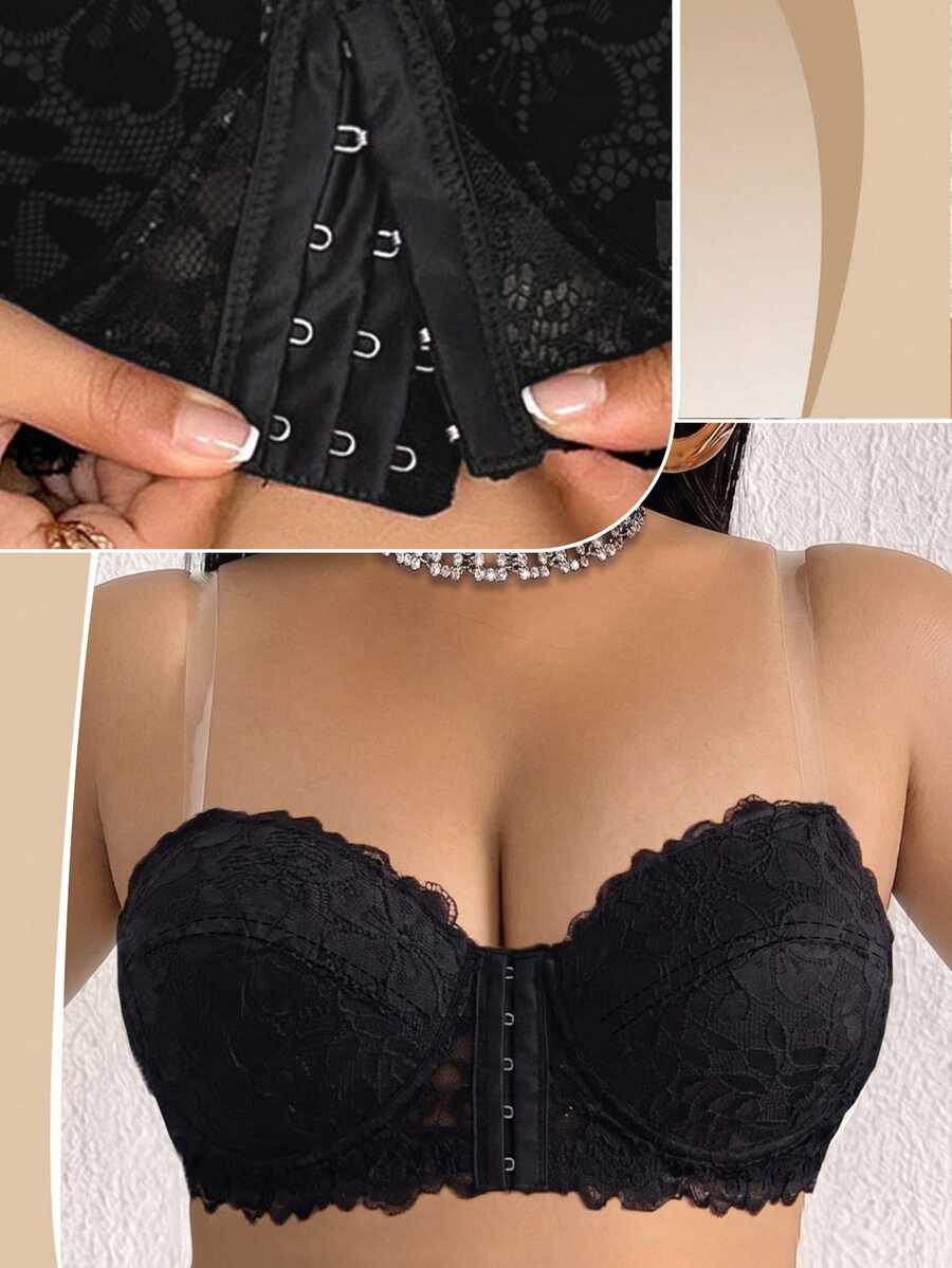 SHEIN 1pc Lace Front Closure Underwire Bandeau Bra Plus Size - Black - View 1