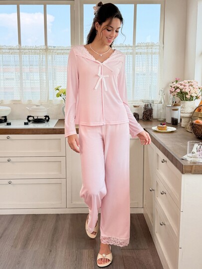 Snug Reverie Women's Light Pink V-Neck Large Bow Lace Trim Soft Comfortable Ribbed Knit Fabric Sweet Fresh Long Sleeve Pants Set