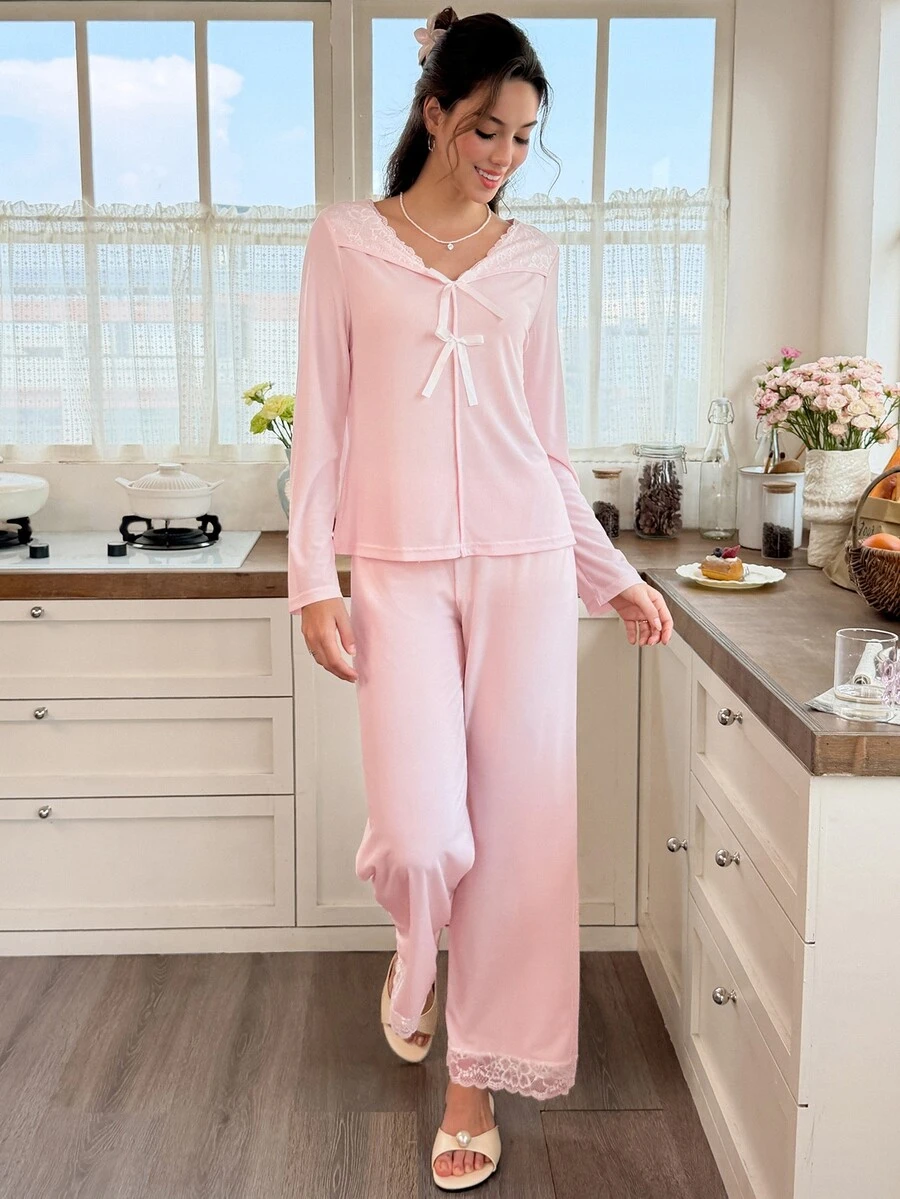 Snug Reverie Women's Light Pink V-Neck Large Bow Lace Trim Soft Comfortable Ribbed Knit Fabric Sweet Fresh Long Sleeve Pants Set - Baby Pink - View 1