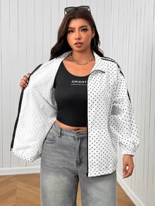SHEIN EZwear 大尺碼秋季休閒寬鬆白色印花夾克外套，適合夜店與辦公室穿著 - 紅色 - 查看 7