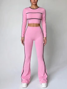 SHEIN Unity 2pcs/Set Women's Pink Knit Seamless Comfortable Elastic Yoga Running Cycling Fitness Outdoor Casual Wear Suitable For Spring Summer Autumn Winter - Pink - View 4
