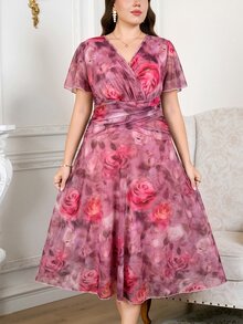 Reflora Plus Size Elegant Commuter Floral Print Dress - Hot Pink - View 3