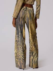 MUSERA Multi Colour Graphic Print Denim Studded Wide Leg Jeans Summer Autumn Fall Winter  Going Out Festival Cool Girl Low Frequency - Multicolor - View 4