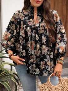 EMERY ROSE Plus Size Floral Print Lantern Sleeve Blouse Fall - Black - View 1