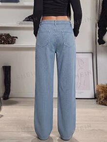 SHEIN Tall 女款鈕扣口袋水洗直筒牛仔褲 - 彩色 - 查看 2