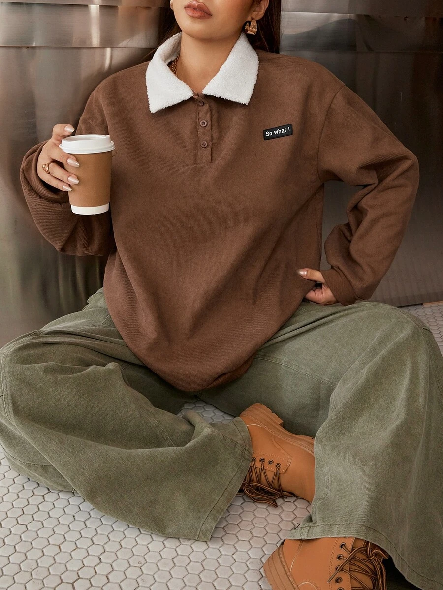 Muchica Plus-Size Brown Color-Block Corduroy Sweatshirt With Half-Zip And Fleece Lining (Preppy Style) - Brown - View 1
