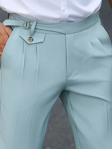 Manfinity Bizformal 男士綠色不對稱腰線修身防皺商務休閒西裝長褲 - 綠色 - 查看 4