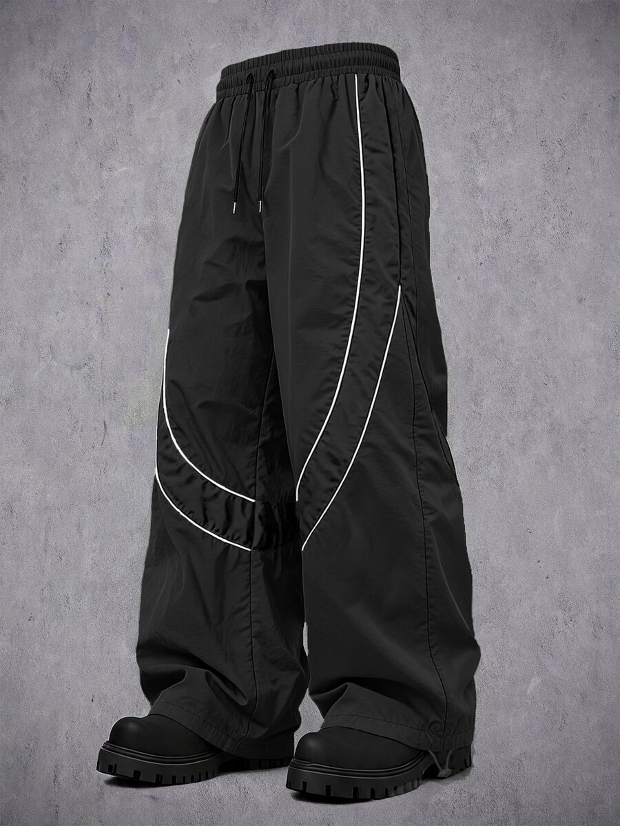 Manfinity Denimwave 男士寬鬆慢跑褲,抽繩腰帶與抽繩褲腳,寬鬆休閒街頭褲 - 黑色 - 查看 1