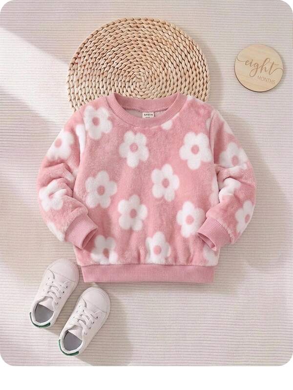 SHEIN Sweatshirt Lengan Panjang Berbulu Lembut Warna Pink untuk Bayi Perempuan, Lucu, Kasual, Serbaguna