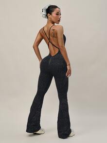 SHEIN Velisys Seamless Knit Same Color Leopard Print Sports Romper Shorts + Romper Pants 2-Piece Set - Dark Grey - View 5