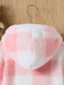Elladie kids 女童 4-8 歲夾克，奶咖格紋柔軟絨毛連帽外套，適合秋冬、戶外活動、上學 - 粉色 - 查看 7