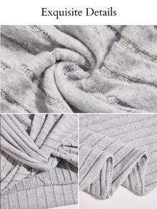 Brilight Grey Ribbed Knit 2 Pieces Loungewear Set V Neck Long Top High Waist Jogger Pants For Daily Lounge Str - Grey - View 6