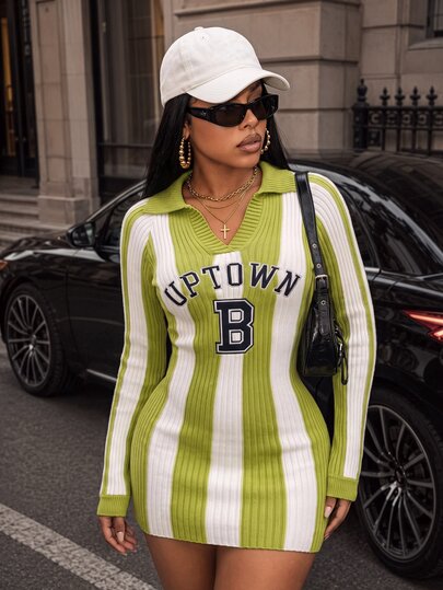 BamGleam Women's Knitted Long Sleeved Green And White Striped Open Neck Loose Long Striped Sexy Casual Commut