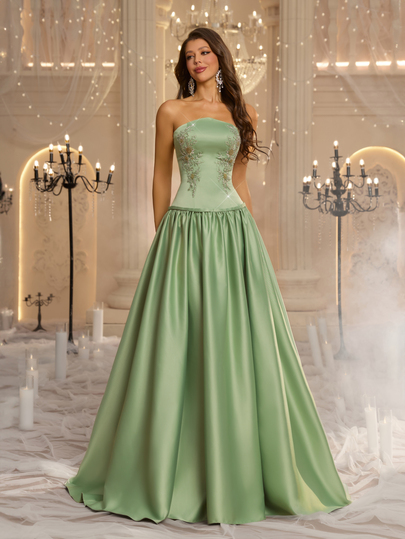 Glamrae Elegant Luxurious Grey-Green Satin, Hand-Beaded Applique Decor, Strapless Oversized Skirt, Women's Formal Evening Gown